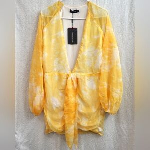 Pretty Little Thing Chartreuse Tie Dye Chiffon Long Sleeve Bodycon Dress Size 14